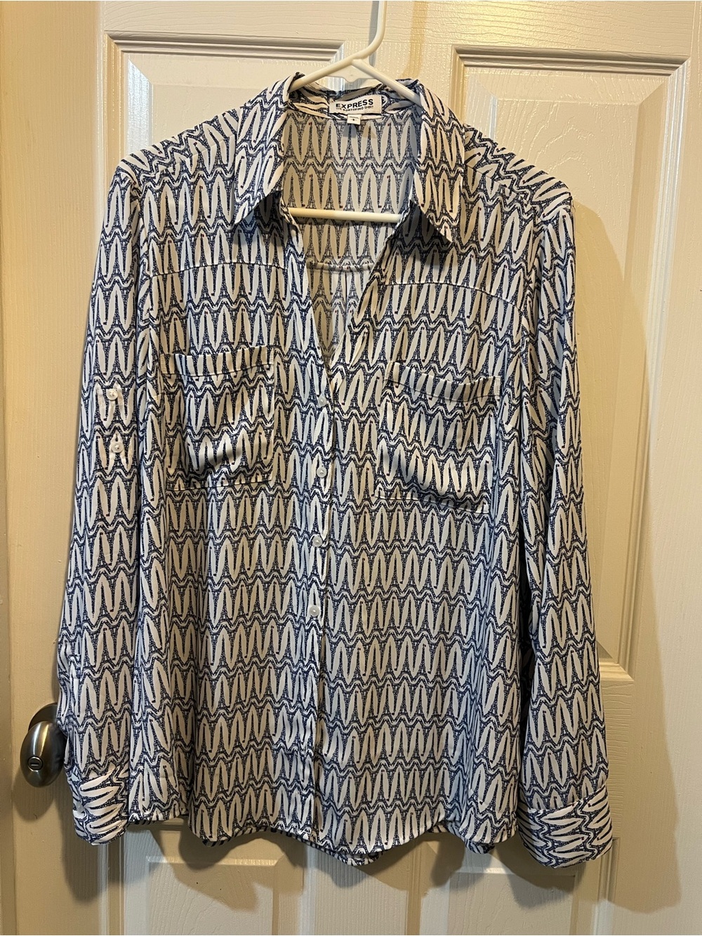 Express Blue and White Geometric Button-Down Shirt